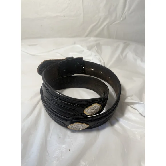 Double J Saddlery Belt Leather Western Belt Size 34 Silver gold trim